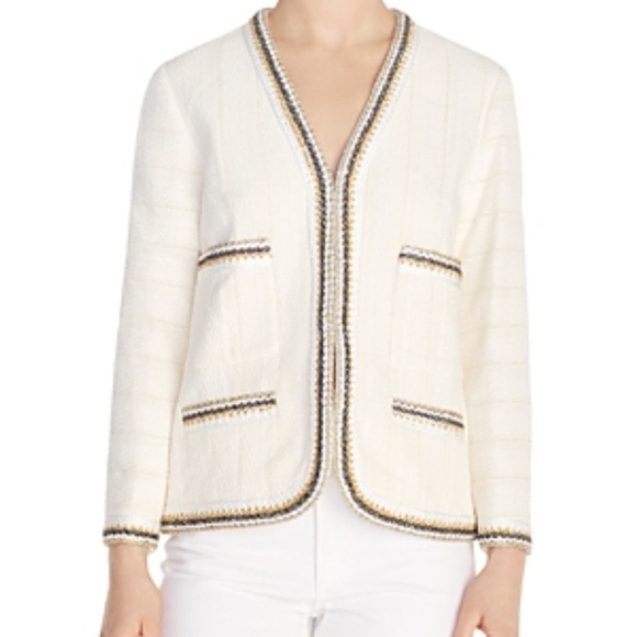 Sandro Adeline Tweed Jacket Cardigan Metallic Trim Preppy | Ecru | FR 36 US 4-6 - Picture 3 of 16